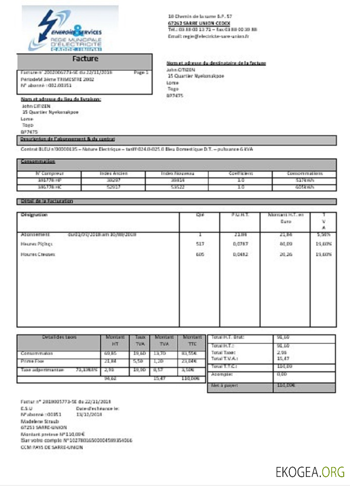 France Energies & Services Régie Municipal d’ Electricité Sarre Union electricity utility bill